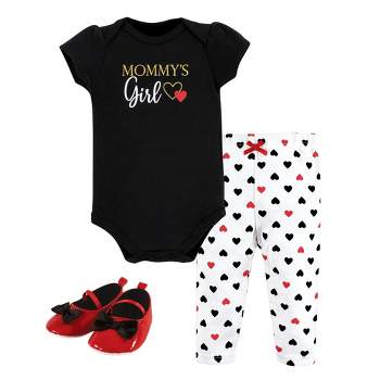 Hudson Baby Infant Girl Cotton Bodysuit, Pant and Shoe Set, Girl Mommy Red Black