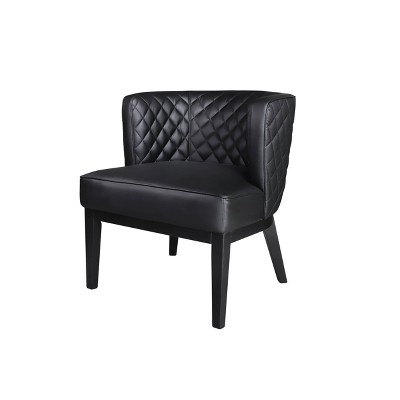 Elegant Quilted Black Leather Barrel Accent Chair with Wood Base