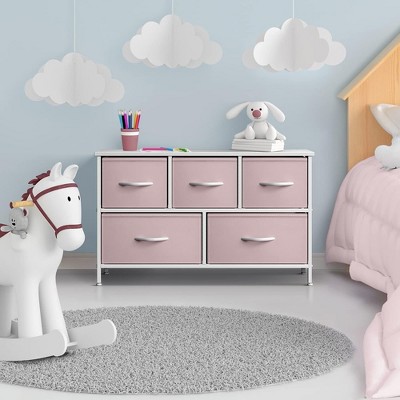 Pastel Pink 5-Drawer Fabric Storage Dresser with Steel Frame