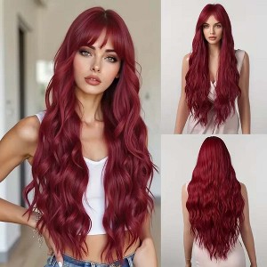 Pink Long Wavy Wigs with Bangs Synthetic Dark Roots Wigs for Women Natural Wave Fake Hair Heat Resistant Cosplay Party Use Wig - 1 of 4