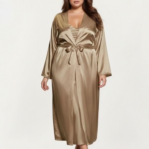 Anna-Kaci Lounge Women's PLus Size Satin Robe and Slip Set with Smooth Draping Fabric and Elegant Silhouette - 1 of 4