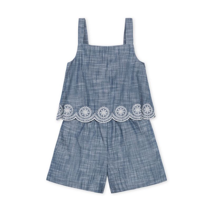 Hope & Henry Girls' Organic Faux Tank Scallop Edge Chambray Romper, Toddler, 1 of 9