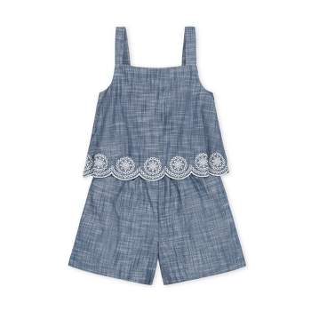 Hope & Henry Girls' Organic Faux Tank Scallop Edge Chambray Romper, Toddler