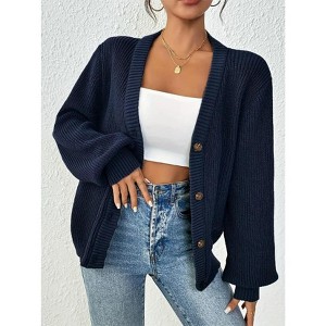 Womens Sweater Cardigan V Neck Lantern Sleeve Button Front Knit Cardigan Sweater Coat - 1 of 4