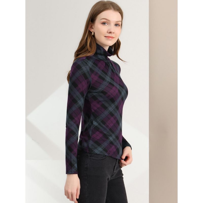 Allegra K Women's Long Sleeve Pleated Front Turtleneck Stretch Slim Plaid Blouse, 5 of 7