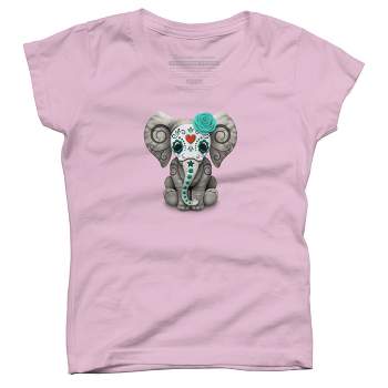 Girl's Design By Humans Blue Day of the Dead Sugar Skull Baby Elephant By jeffbartels T-Shirt