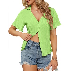 Clearlove Women's Pleated Short Sleeve Cardigan Lightweight Knit Open Front Cover Up with Draped Details - 1 of 4