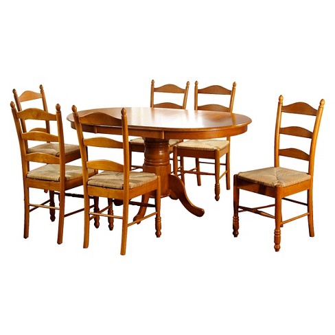 Farmhouse Ladder Back Dining Table Set Wood Oak 7 Piece Set