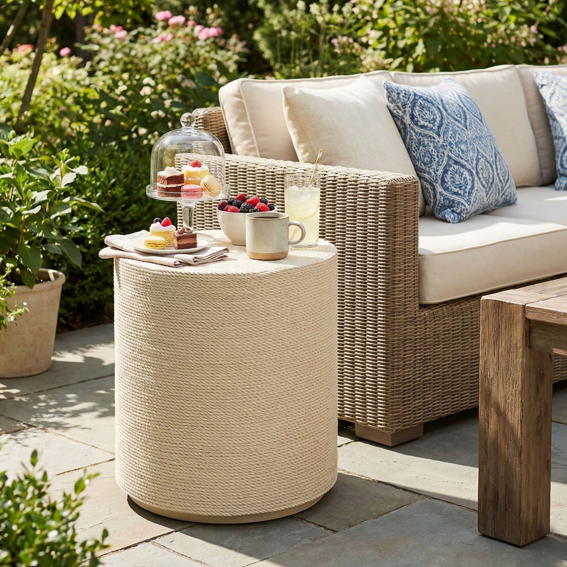 Christopher Knight Home Arief Modern Outdoor Lightweight Concrete Cylindrical Side Table, Natural, Simulated Rattan Design