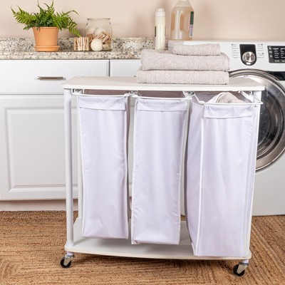 White Steel Frame Collapsible 3-Bag Laundry Sorter with Wheels