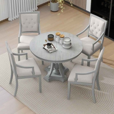 5 PCS Dining Set with Extendable Table, Dining Table with Fluted Edge and Corbel Base, Upholstered Chairs with Rubberwood Frame-Coolbibila