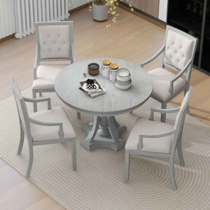 5 PCS Dining Set with Extendable Table, Dining Table with Fluted Edge and Corbel Base, Upholstered Chairs with Rubberwood Frame-Coolbibila - 1 of 4