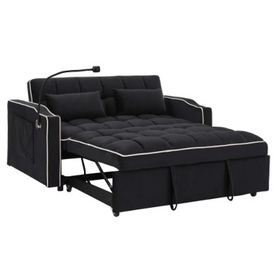 TIRAMISUBEST 55.51 inch versatile foldable sofa bed, pull-out bed, adjustable back and with USB port and ashtray and swivel phone stand, Black