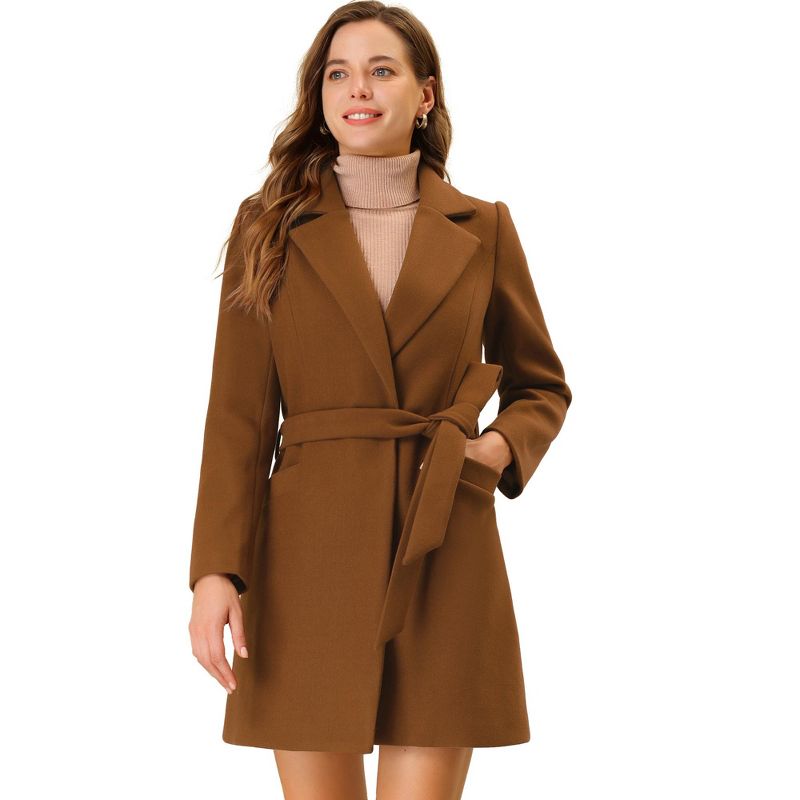 Allegra K Women's Notched Lapel Wrap Outerwear Winter Belted Trench Coat with Pockets, 1 of 7
