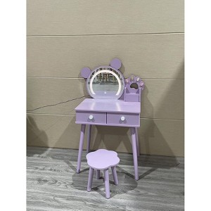 Bear-shaped mirror with bear paw-shaped handles Children's vanity set with 2 drawers Floral-patterned stool Touch-activated three-color mirror White - 1 of 1