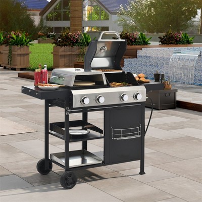 4 Burners Propane Gas BBQ Grill, 49,200 BTU Output Propane Gas Grill and Griddle Combo with Cover, Outdoor Cooking Propane Grill for Garden Backyard
