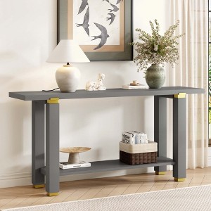 KIGFTSOD Modern Minimalist Console Table, Solid Wood with Metal Accents & Built-in Shelf, for Living Room Hallway, Gray - 1 of 4