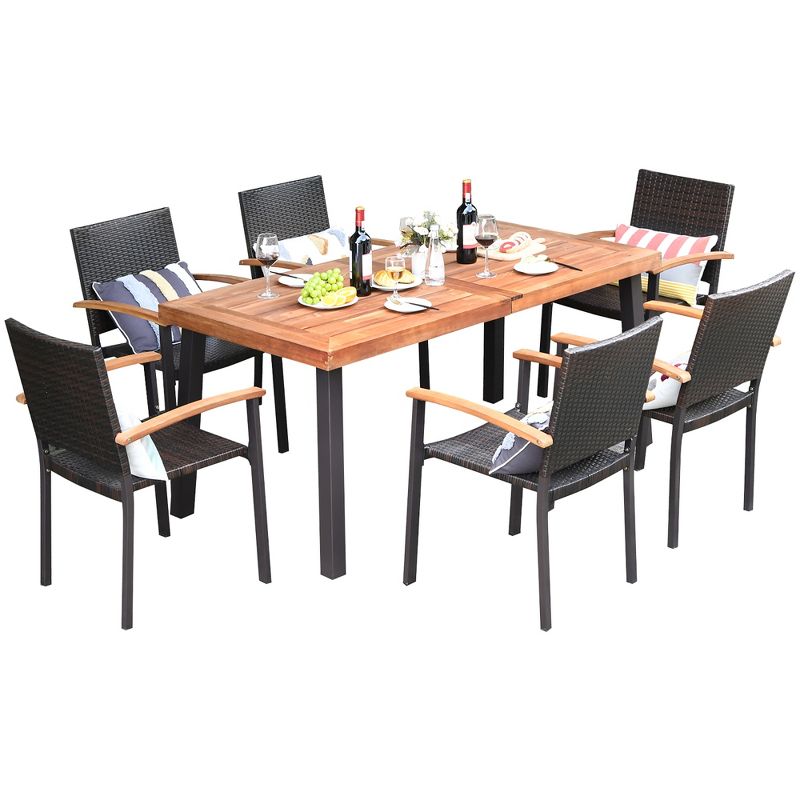 Costway 7PCS Patio Rattan Dining Set Acacia Wood Table Top Stackable Chairs, 4 of 10
