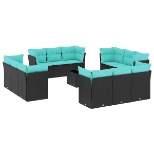 vidaXL 13 Piece Patio Sofa Set with Cushions Black Poly Rattan - Black and Blue With Table - 1 of 4