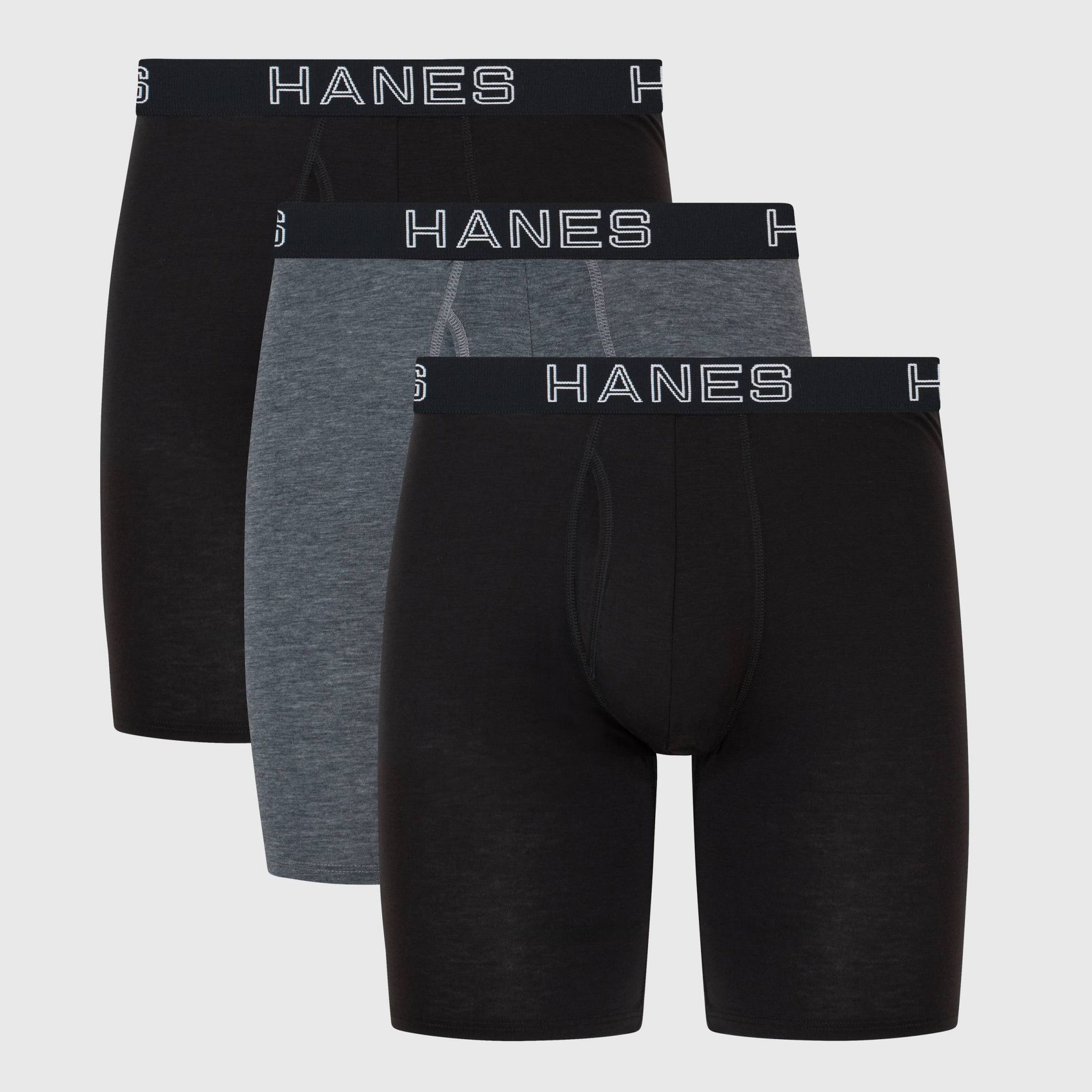 Hanes Premium Men's 3pk Long Leg Boxer Briefs Total Support Pouch - Black/Gray L: Tagless, Moisture Wicking, 4-Way Stretch