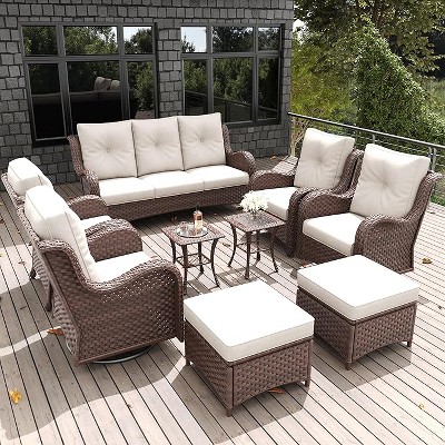 LayinSun Outdoor Patio Furniture Set, Brown Rattan Wicker Sectional Swivel Rocker Chairs Sets with Ottomans, Swivel Glider Chair