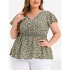 Women's Plus Size Floral Smocked Waist Flare Sleeve V Neck Peplum Blouses - Agnes Orinda - 2 of 4