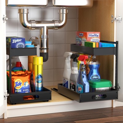 Sorbus 2 Pack 2-Tier Pull-Out Under Sink Organizer and Adhesive Tape - for Kitchen and Bathroom