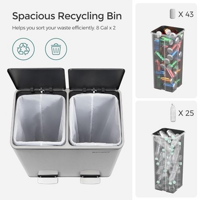 16 Gallon Silver Stainless Steel Dual Compartment Kitchen Trash Can