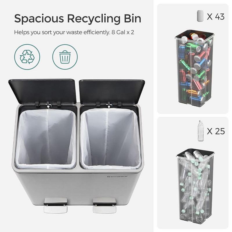 SONGMICS Dual Trash Can, 16 Gal (60L) Rubbish Bin and 15 Trash Bags, Metal Step Bin, with Dual Compartments, Airtight, 4 of 7