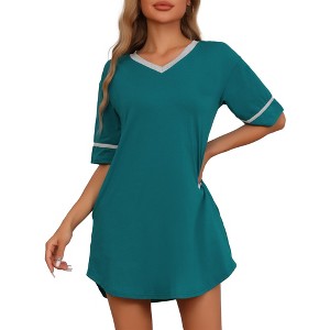 cheibear Womens Cotton Sleepwear Soft Comfy Sleepshirts V Neck Short Sleeve Short Night Shirts Sleep Dress with Pockets - 1 of 4