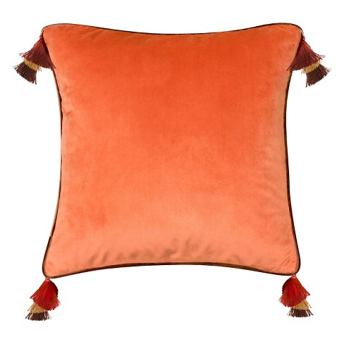 18X18 Brown Cotton Velvet Square Throw Pillow With Tassel Edge