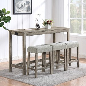 4-Piece Industrial Bar Height Dining Table Set Counter Height Dining Set Small Dinette with Power Outlet & 3 Cushioned Stool, Gray/Brown-ModernLuxe - 1 of 4