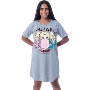 DC Comics Women's Harley Quinn Mad Love Nightgown Sleep Pajama Shirt Grey - 1 of 3