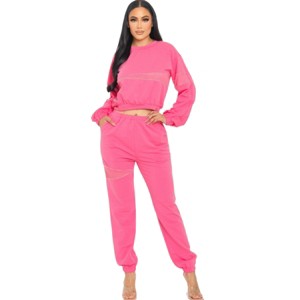 Slickblue Women's Terry Mesh Set, Rhinestone Detail Top & Bottom, Elastic Waistband, Casual Loungewear, Pink, Size S-L - 1 of 4