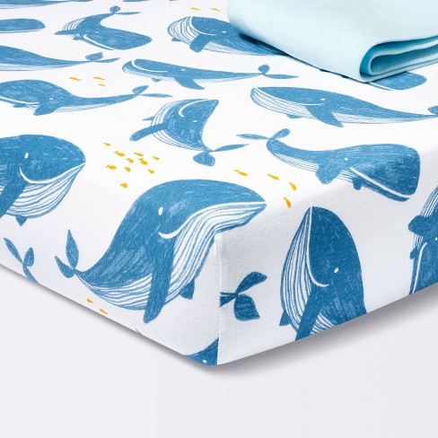 Fitted Jersey Crib Sheet Whales Solid Blue 2pk Cloud Island