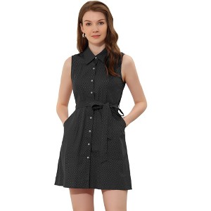 Allegra K Women's Vintage Button Down Polka Dots Sleeveless Belted Shirt Dress - 1 of 4