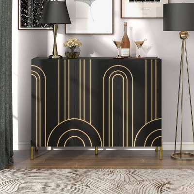 Black and Gold Art Deco Geometric Buffet Sideboard