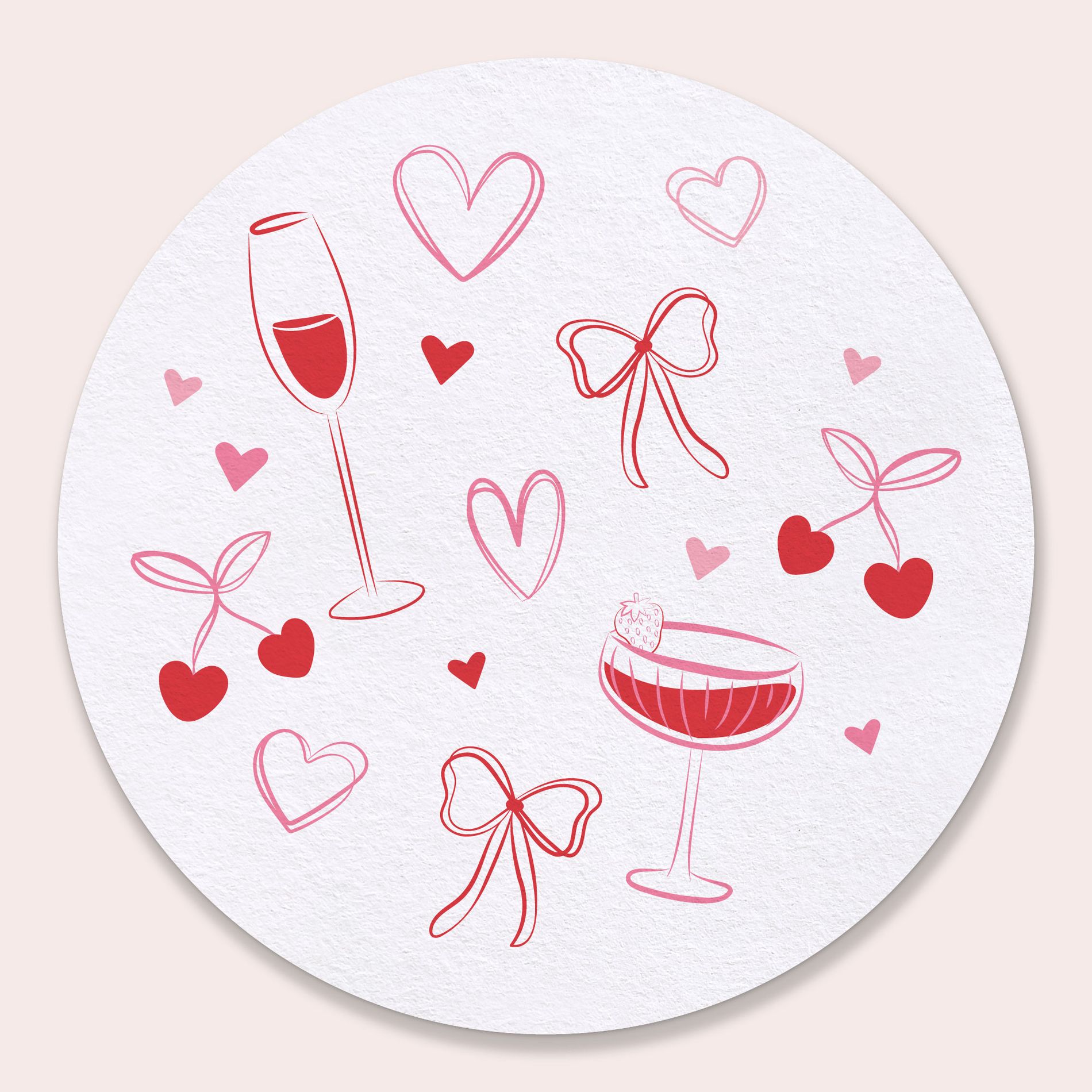 Big Dot of Happiness 25 Ct Drinks with the Girls Coasters, 4-Inch Disposable Round Paper Coasters, Bows, Hearts, Cherries, Galentine’s Day or Birthday