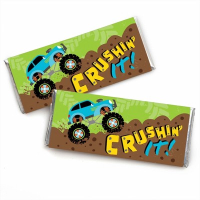 Big Dot of Happiness Smash and Crash - Monster Truck - Candy Bar Wrapper Boy Birthday Party Favors - Set of 24