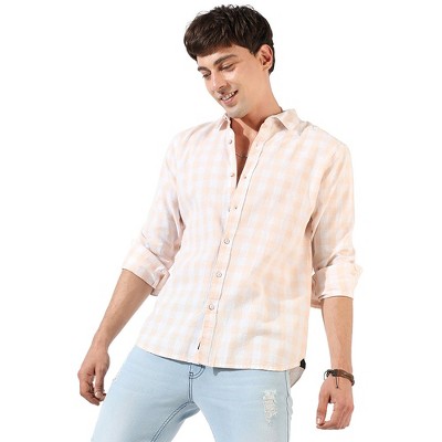 Campus Sutra Men Men's White And Peach Checkered Regular Fit Casual Shirt