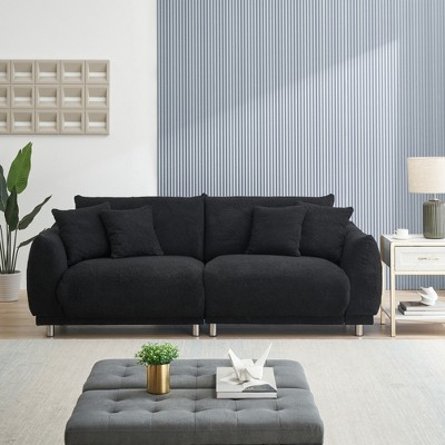 Black86.6 inch Modular Teddy Fleece Cloud 3 Seater Sofa Deep Seat Upholstered WITH/Metal Legs with 4 Pillows for Home Apartment,Living Room