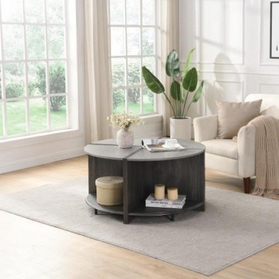 Modern MDF Round Coffee Table,4 Piece of tabletop Industrial Small Space Coffee Table,2-Tier Living Room Table with Storage Shelf-Coolbibila