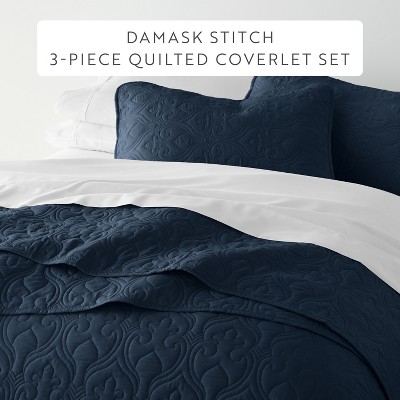 Becky Cameron Quilted Coverlet and Shams Set Damask Square Herringbone Pattern - Becky Cameron, Damask / Navy, King/California King — фото 2