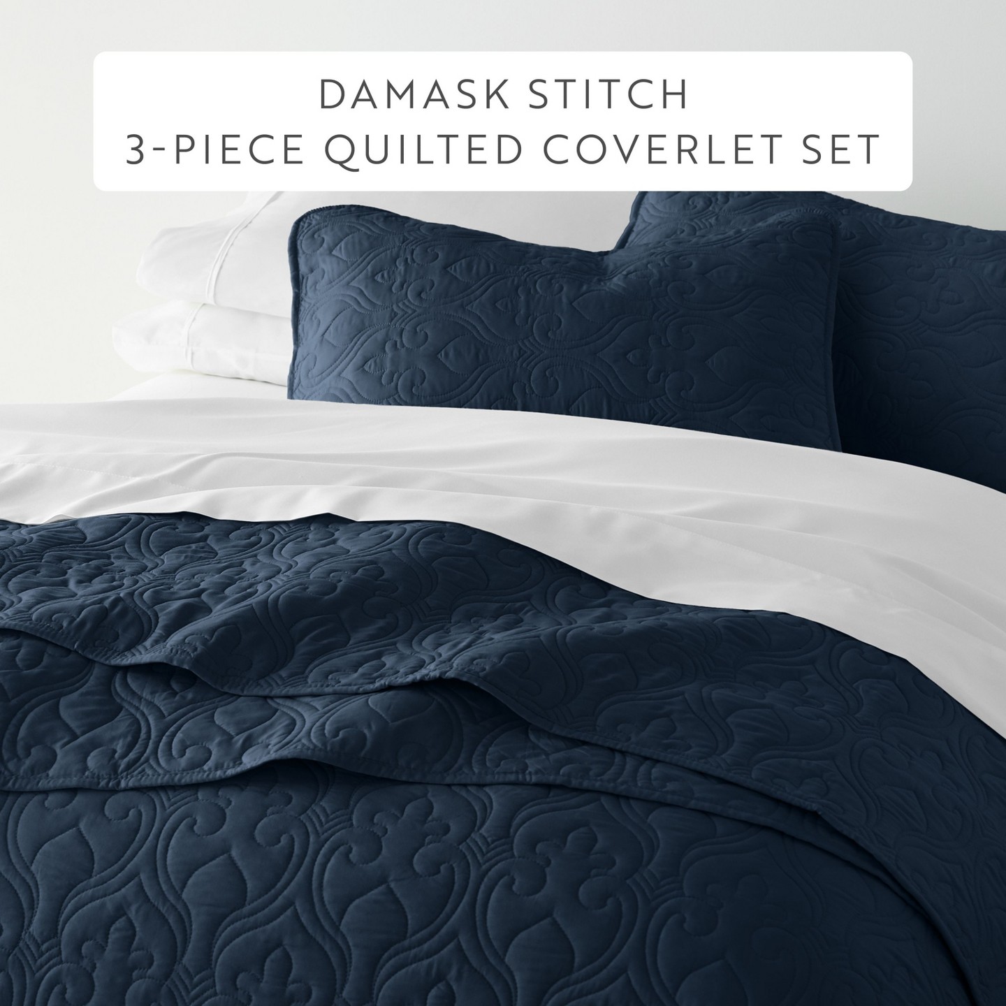 Becky Cameron Quilted Coverlet and Shams Set Damask Square Herringbone Pattern, цвет: Тёмно-синий — фото 2