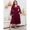 Garvee Women Wrap V Neck Pleated Hem Dress Ruffle Long Sleeves Elegant A Line Midi Dress with Belt - 3 of 4