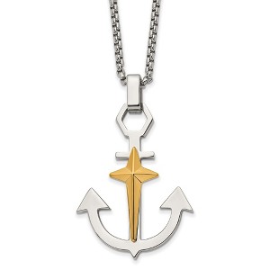 Chisel Stainless Steel Anchor with Yellow IP-plated Cross Pendant on a 24" Box Chain Necklace with 2.75" ext. - 1 of 1