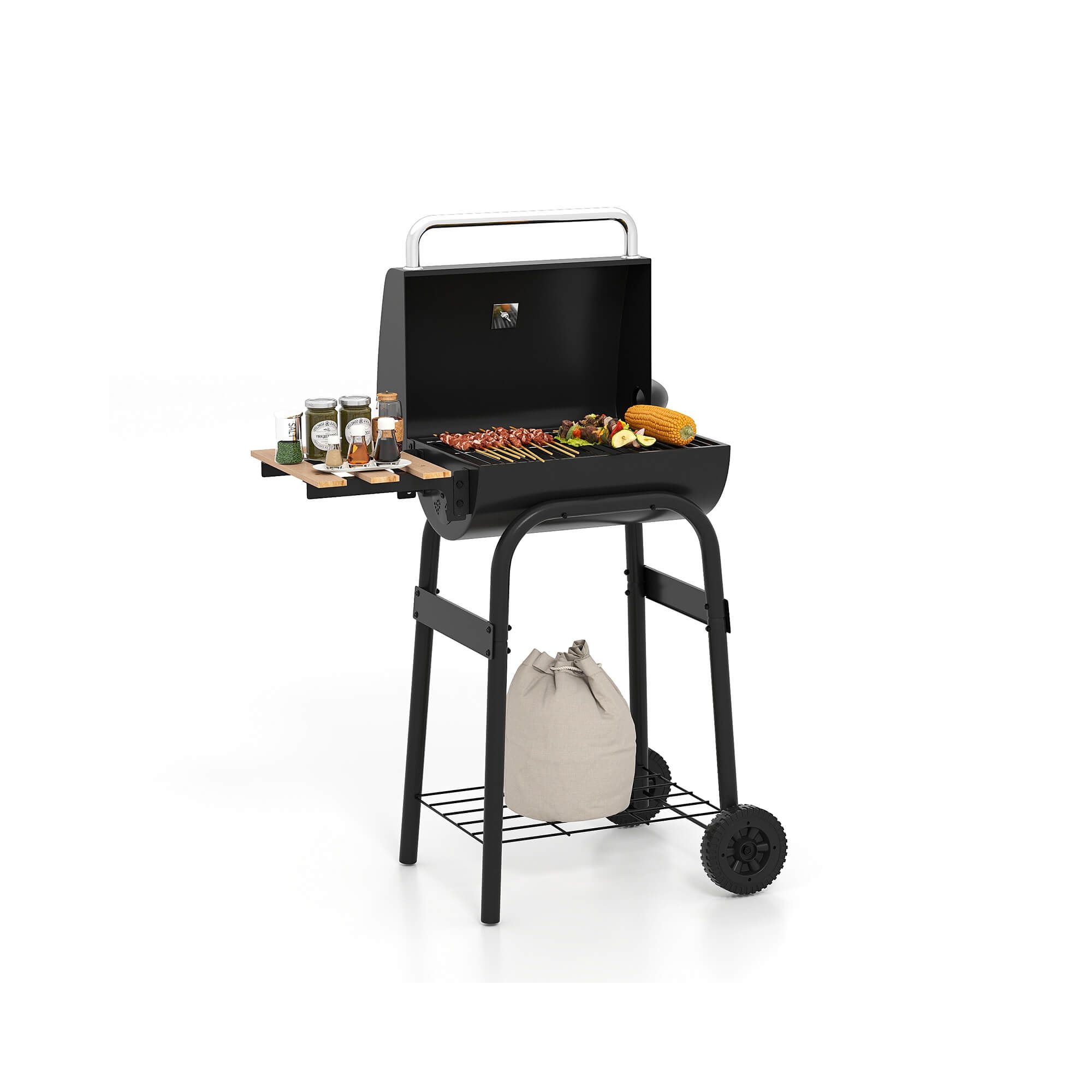 Costway Barrel Charcoal Grill with Foldable Side Table Built-in Thermometer & Storage Shelf