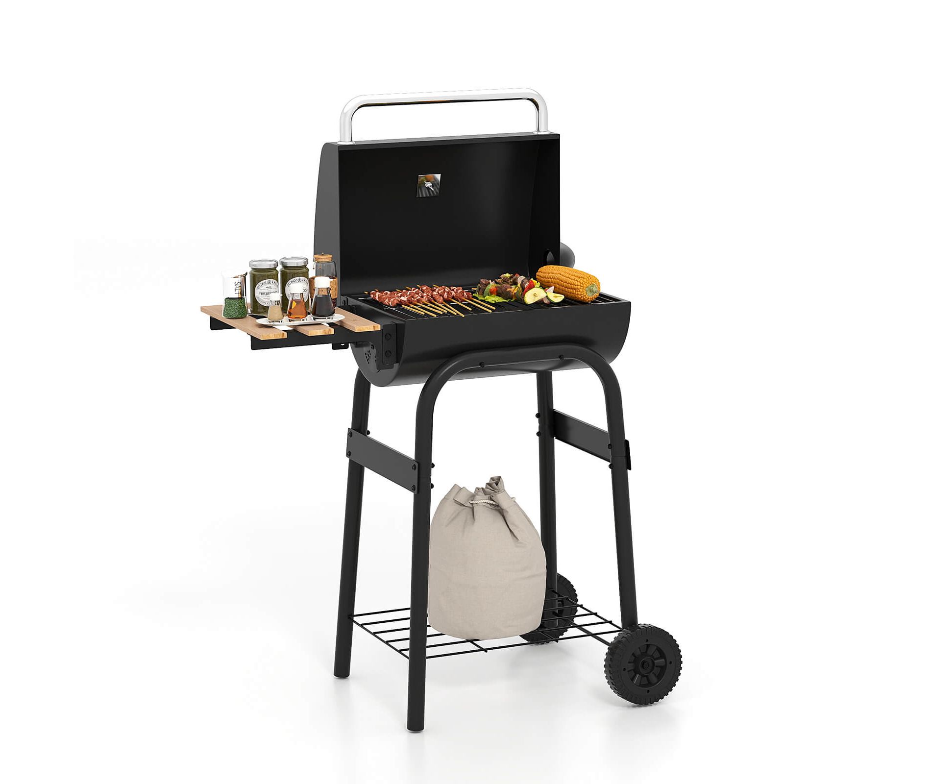 Costway Barrel Charcoal Grill with Foldable Side Table Built-in Thermometer & Storage Shelf
