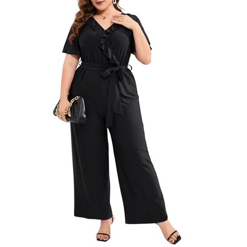 Womens Casual Sleeveless Strap Loose Fit Jumpsuits Ruffled Stretchy Long  Pants Romper with Pockets