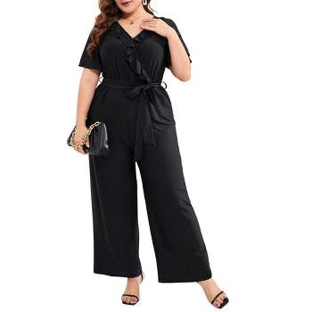 Women Plus Size Ruffle V Neck Short Sleeve Wide Leg Jumpsuits Summer Casual Belted Rompers